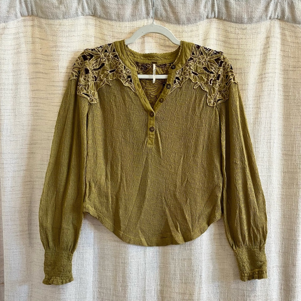 Free People Olive Embroidered Blouse